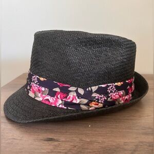 Black Straw Fedora with Floral Ribbon